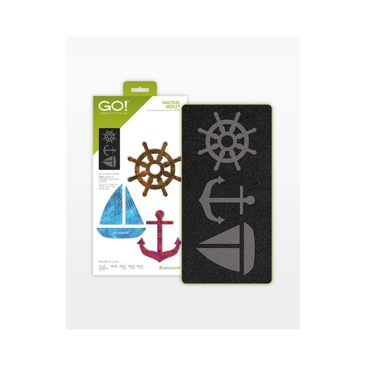 AccuQuilt GO! Nautical Medley Die – Anchor, Sailboat & Ship Wheel Appliqué Shapes, 6" x 12" Board